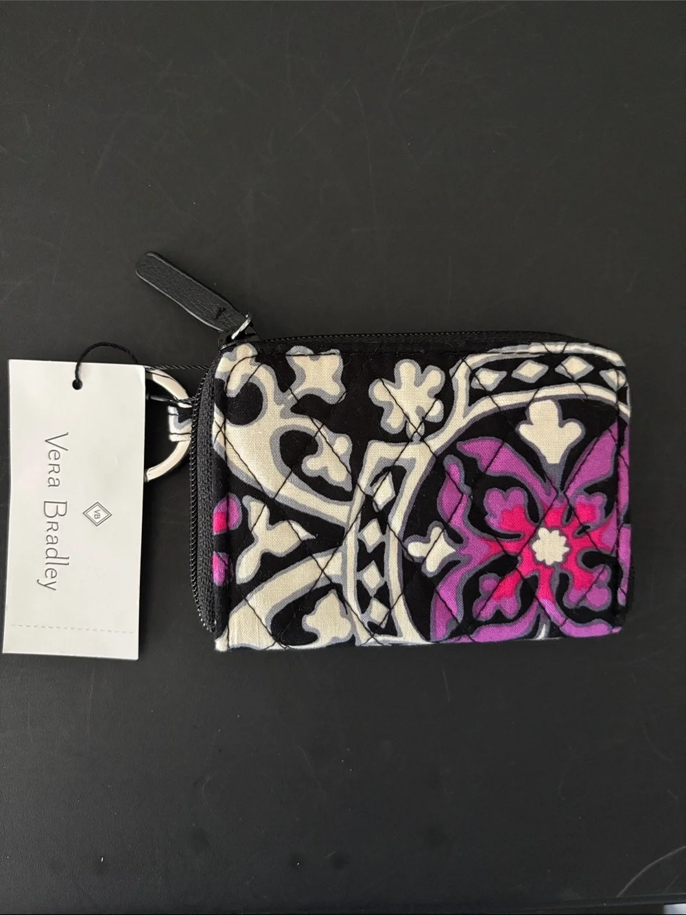 Vera Bradley Black White and Pink Patterned Zip ID Wallet with Key Ring
